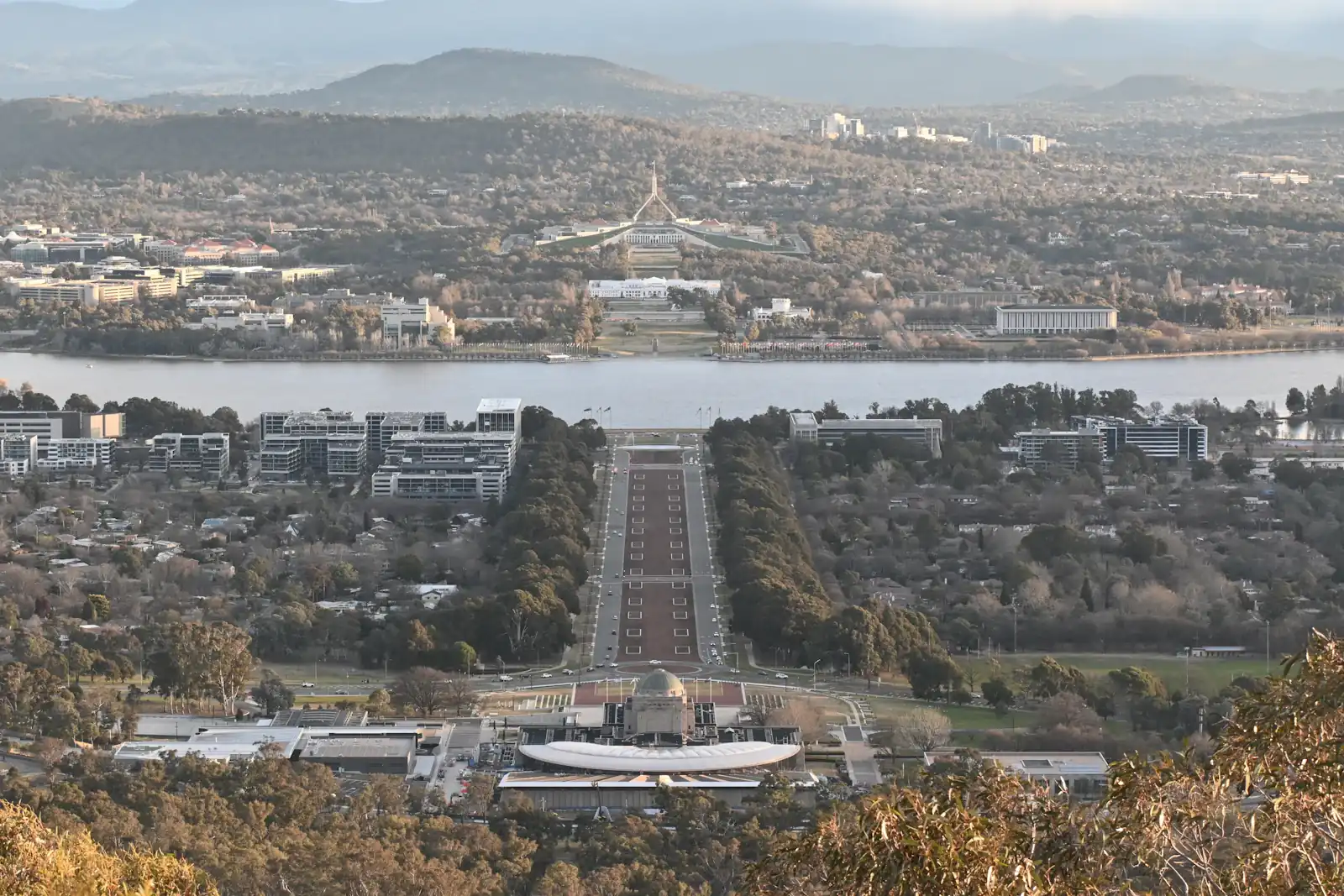 Canberra seen from Mount Ainslie, looking along Anzac Parade across Lake Burley Griffin to Parliament House