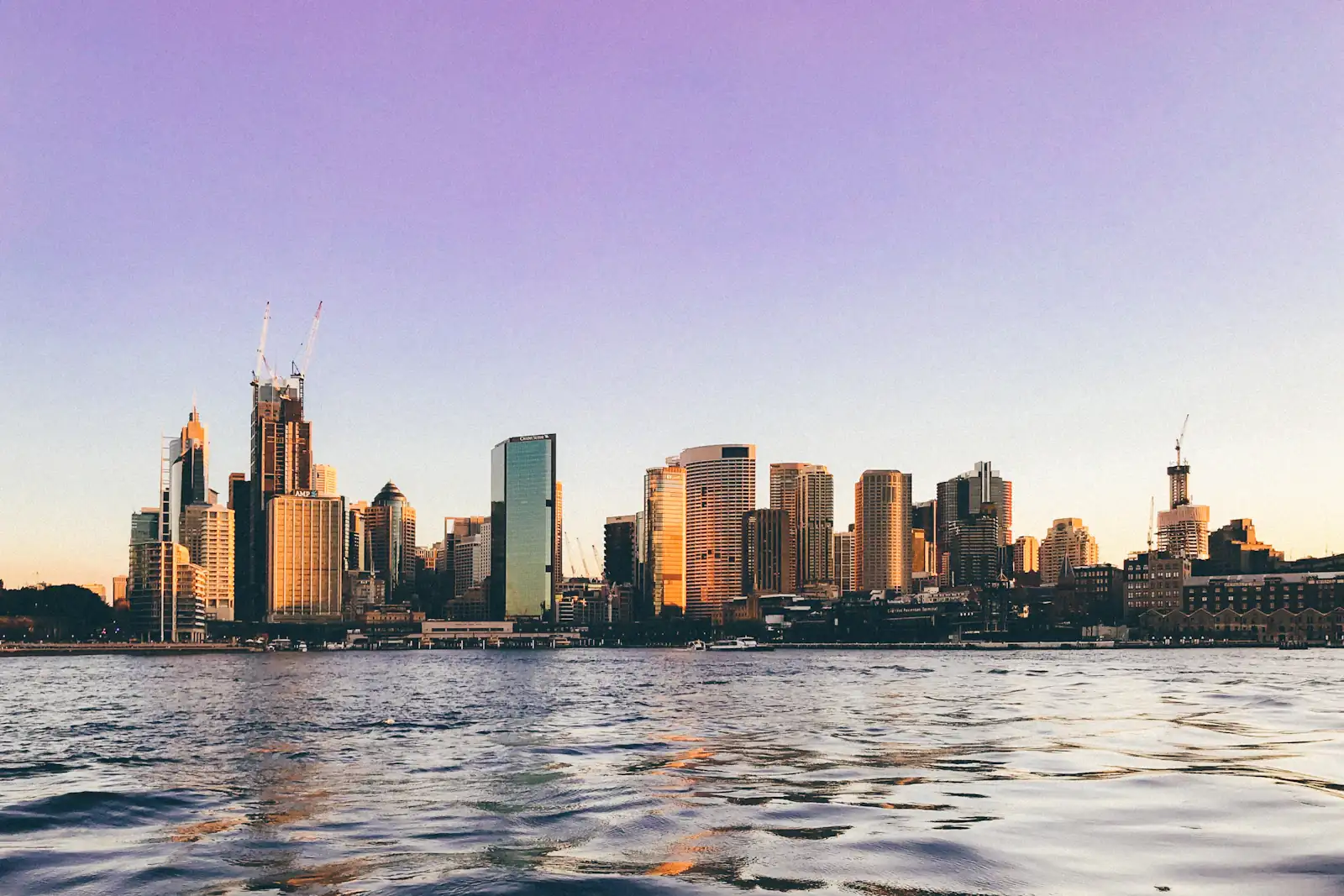 The Sydney city skyline across the harbour at dusk